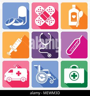 Medical flat icons, long shadow design, vector illustration Stock Vector
