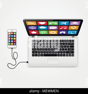 Smart phone with app icons connected to laptop. Top view. Vector illustration. Stock Vector