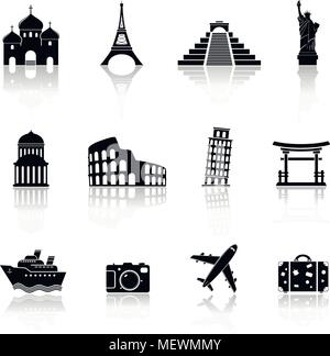 Travel and landmarks icons with reflection. Vector illustration. Stock Vector