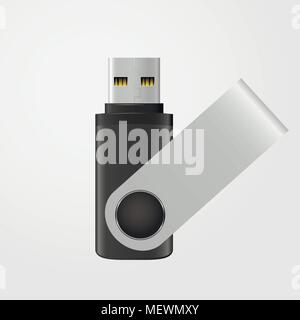 Black and silver USB stick isolated on grey background. Vector illustration. Stock Vector