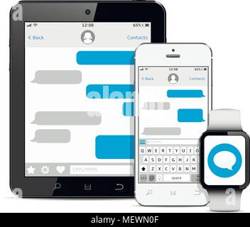 Tablet, mobile phone and smart watch with messaging sms app. Isolated on white background. Chating and messaging concept. Vector illustration. Stock Vector