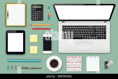 Workplace office and business work elements set. Mobile devices and documents. Vector Stock Vector