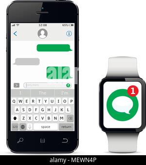 Chatting and messaging concept. Smartphone and smart watch with messaging sms app. Isolated on white background. Vector illustration. Stock Vector