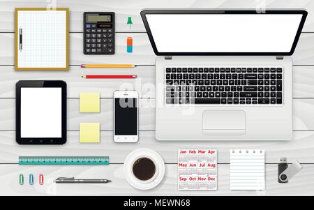 Workplace top wiev. Office and business work elements set. Mobile devices and documents. Vector illustration. Stock Vector