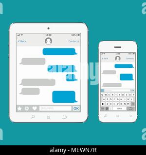 Tablet and mobile phone with messaging sms app. Chatting and messaging concept. Vector illustration. Stock Vector