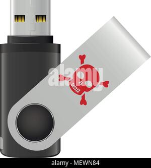 Infected USB flash drive on white background. USB flash drive virus icon. Vector illustration. Stock Vector