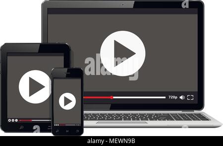 Modern digital devices with video player on screen. Isolated on white background, Vector illustration. Stock Vector