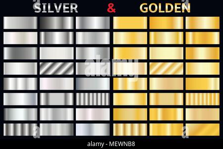 Collection of silver and golden gradient backgrounds. Set of gold and silver metallic textures. Vector illustration Stock Vector