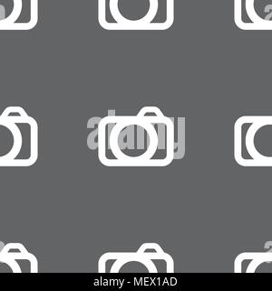Photo camera sign icon. Digital photo camera symbol. Seamless pattern on a gray background. Vector illustration Stock Vector