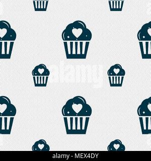 Cute Lovely Cupcake with Heart icon sign. Seamless pattern with geometric texture. Vector illustration Stock Vector