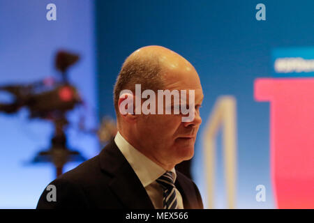 Wiesbaden, Germany. 22nd Apr, 2018. Olaf Scholz, the German Federal Minister of Finance and Vice-Chancellor, is pictured at the party convention. Andrea Nahles, the leader of the parliamentary party of the SPD in the Bundestag (German Parliament) has been elected as the new chairwoman of the SPD (Social Democratic Party of Germany). She won with 66% against her opponent Simone Lange in a contested election. She is the first women to lead the party in its 150 year long history. Credit: Michael Debets/Pacific Press/Alamy Live News Stock Photo