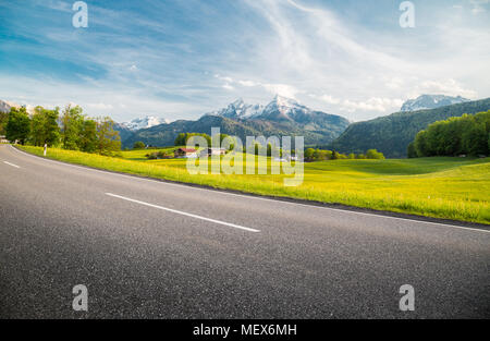 Panoramic view of empty country road leading through beautiful alpine mountain scenery with fresh green meadows full of blooming flowers in springtime Stock Photo