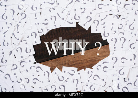 white paper note with question mark and WHY word in the center on wooden table. WHY concept background Stock Photo