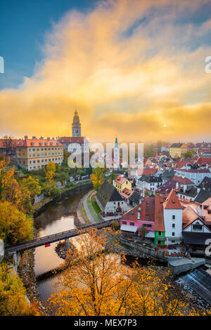 Panoramic view of the historic city of Cesky Krumlov with famous Cesky Krumlov Castle, a UNESCO World Heritage Site since 1992, at sunrise, Bohemia Stock Photo