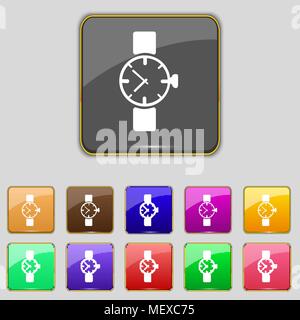 Wrist Watch sign icon. Mechanical clock symbol. Set colourful buttons. Vector illustration Stock Vector