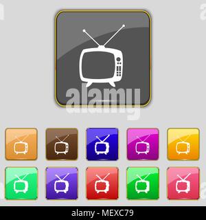 Retro TV mode sign icon. Television set symbol. Set colourful buttons. Hand cursor pointer Vector illustration Stock Vector