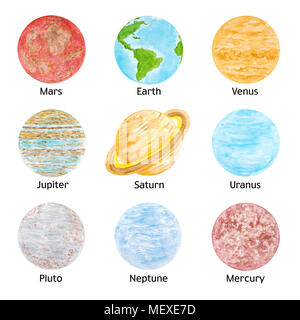 Watercolor Set of Solar System Planet with Names, Hand Drawn and Painted, Isolated on White Stock Photo