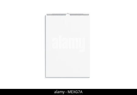 Blank white calendar mock up front view, isolated, 3d rendering. Empty almanac a3 mockup with metal spirals. Clear wall mounted menology template. Por Stock Photo