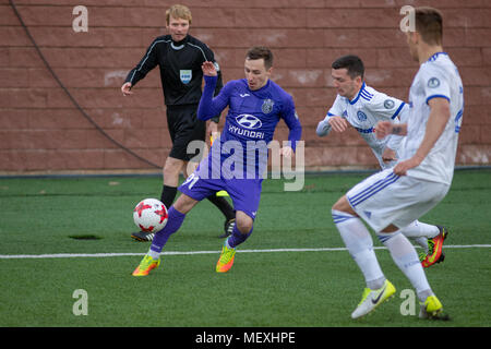 MINSK, BELARUS - APRIL 7, 2018: Soccer players during the Belarusian Premier League football match between FC Dynamo Minsk and FC Isloch at the FC Minsk Stadium. Stock Photo