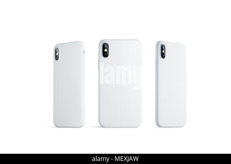 Blank white phone case mock up, stand isolated, 3d rendering. Back, right and left side smartphone cover mockup ready for logo or pattern print presen Stock Photo