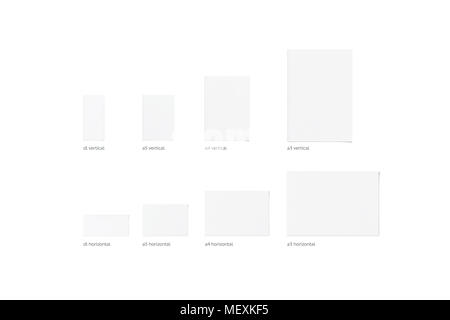 BLank white vertical and horizontal different size flyers, isolated, 3d rendering. Clear empty brochures mockups set top view. Book cover and flier in Stock Photo