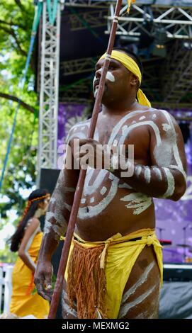 Aboriginal people from palm island the Bwgcolman tribe performing traditional dances, Commonwealth Games Festival 2018, Townsville City QLD, Australia Stock Photo