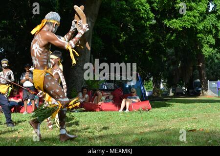 Aboriginal people from palm island the Bwgcolman tribe performing traditional dances, Commonwealth Games Festival 2018, Townsville City QLD, Australia Stock Photo