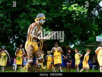 Aboriginal people from palm island the Bwgcolman tribe performing traditional dances, Commonwealth Games Festival 2018, Townsville City QLD, Australia Stock Photo