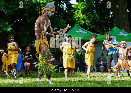 Aboriginal people from palm island the Bwgcolman tribe performing traditional dances, Commonwealth Games Festival 2018, Townsville City QLD, Australia Stock Photo