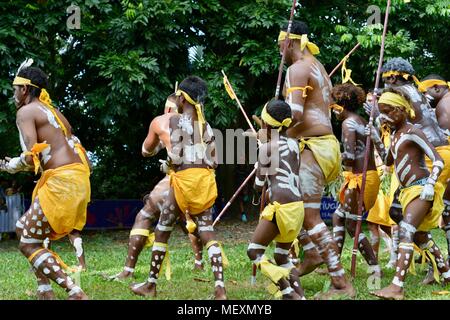 Aboriginal people from palm island the Bwgcolman tribe performing traditional dances, Commonwealth Games Festival 2018, Townsville City QLD, Australia Stock Photo