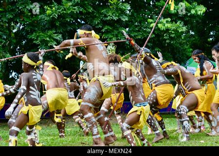 Aboriginal people from palm island the Bwgcolman tribe performing traditional dances, Commonwealth Games Festival 2018, Townsville City QLD, Australia Stock Photo