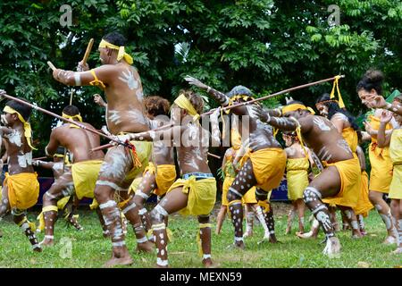 Aboriginal people from palm island the Bwgcolman tribe performing traditional dances, Commonwealth Games Festival 2018, Townsville City QLD, Australia Stock Photo