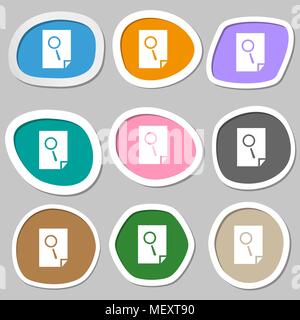 Search in file sign icon. Find in document symbol. Multicolored paper stickers. Vector illustration Stock Vector