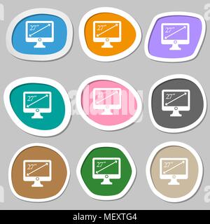 diagonal of the monitor 27 inches icon sign. Multicolored paper stickers. Vector illustration Stock Vector