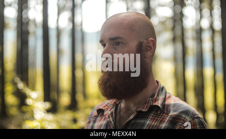 portait of a young bald caucasian man with a beard standing in a forest looking away from a camera Stock Photo