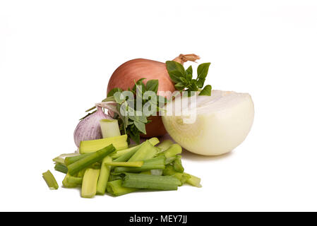 Spring onion, onion, garlic and basil isolated on white background Stock Photo