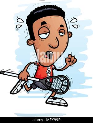 A cartoon illustration of a black man lacrosse player running and looking exhausted. Stock Vector