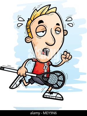 A cartoon illustration of a man lacrosse player running and looking exhausted. Stock Vector