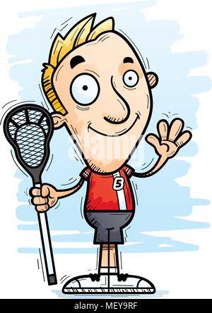 A cartoon illustration of a man lacrosse player waving. Stock Vector