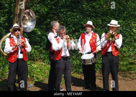 Brass Band Playing in Rougemont Garden's at RAMM's Carnival of the Animals. Exeter, Devon, UK. April, 2018. Stock Photo
