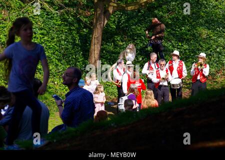 Brass Band Playing in Rougemont Garden's at RAMM'S Carnival of the Animals. Exeter, Devon, UK. April, 2018. Stock Photo