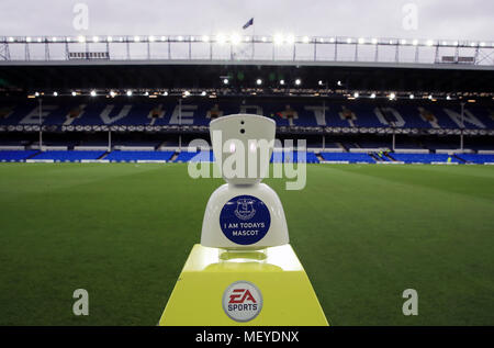 A view of a Robot Mascot which will be used in tonights Premier League match between Everton and Newcastle United at Goodison Park, Liverpool. PRESS ASSOCIATION Photo. Picture date: Monday April 23, 2018. See PA story SOCCER Everton. Photo credit should read: Peter Byrne/PA Wire. RESTRICTIONS: No use with unauthorised audio, video, data, fixture lists, club/league logos or 'live' services. Online in-match use limited to 75 images, no video emulation. No use in betting, games or single club/league/player publications. Stock Photo