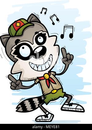 A cartoon illustration of a male raccoon scout dancing. Stock Vector