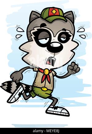 A cartoon illustration of a male raccoon scout running and looking exhausted. Stock Vector