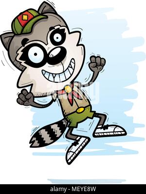 A cartoon illustration of a male raccoon scout jumping. Stock Vector