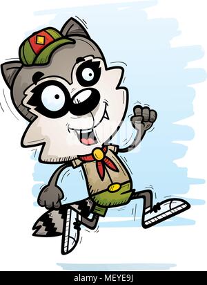 A cartoon illustration of a male raccoon scout running. Stock Vector