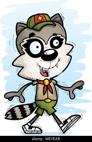 A cartoon illustration of a male raccoon scout walking. Stock Vector