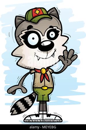 A cartoon illustration of a male raccoon scout waving. Stock Vector