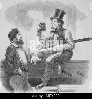 Engraving of a cook and the pilot of a whaling ship, holding a telescope and cup of coffee, 1860. Courtesy Internet Archive. ()