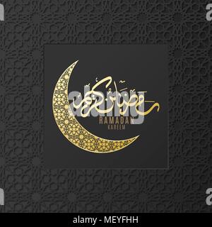 Ramadan Kareem. Gold moon. Islamic geometric 3d ornament. Arabic background. Hand drawn calligraphy. Religion Holy Month. Cover, banner. Eid Mubarak.  Stock Vector
